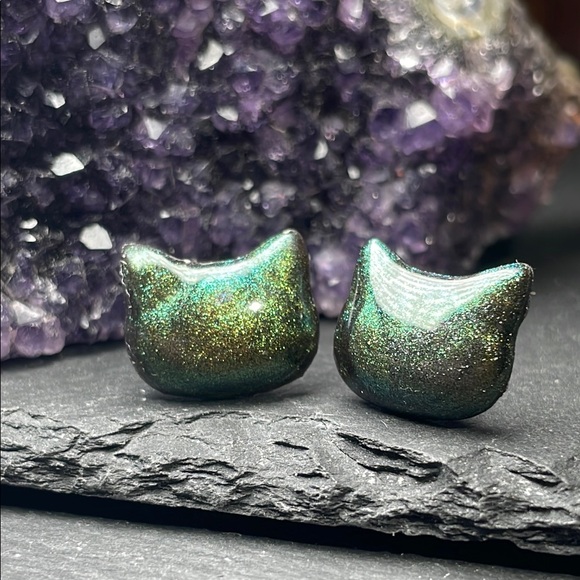 Custom Elegant Green Cat Hand Made Stud Post Earrings - Picture 6 of 11